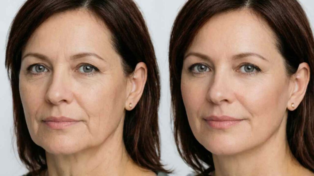 Результат коррекции лица препаратом на основе полимолочной кислоты: улучшение контуров и плотности кожи